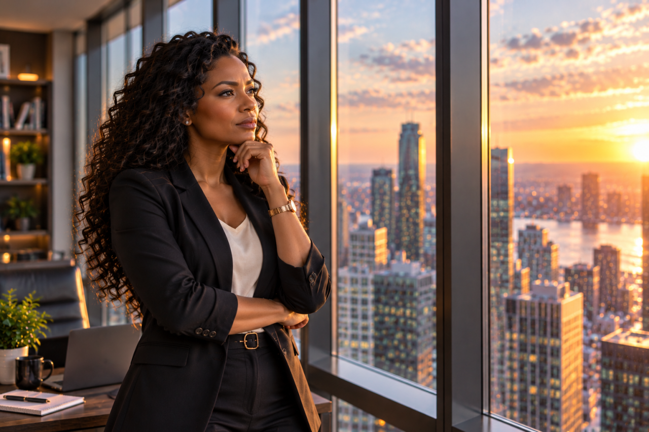 Thoughtful Executive gaze into sunset.