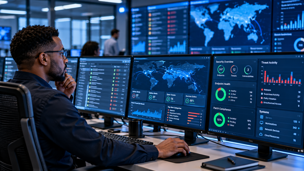 IT professional monitoring network security dashboards for active threats.